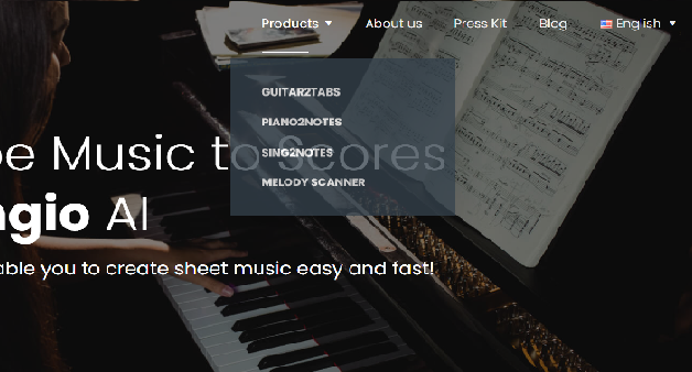 Screenshot of the Klangio Website with piano2notes, guitar2tabs and sing2notes