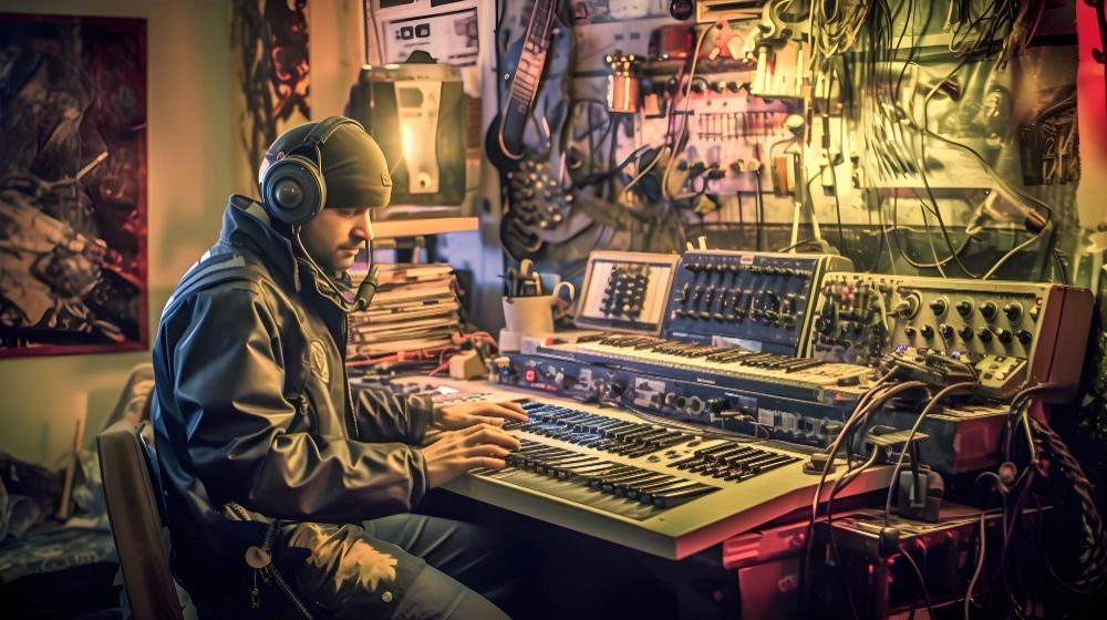 Ein Musiker mit seinem Synthesizer-Setup, das über MIDI miteinander verbunden ist