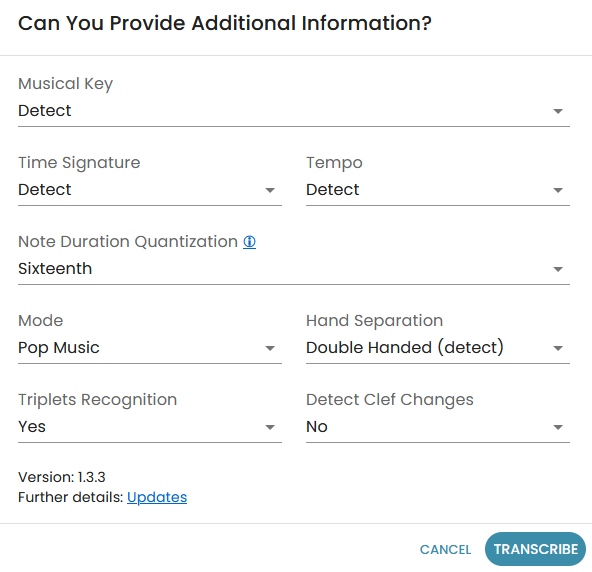 The additional information window, which can help to transcribe more accurately with the Klangio apps.