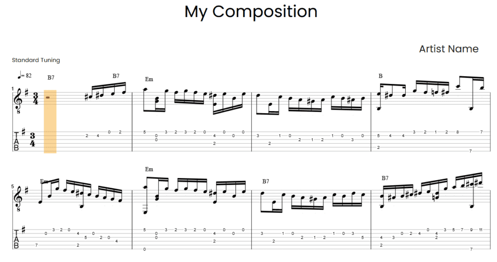 A Guitar2Tabs transcription, displaying a notation in guitar tablature