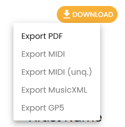 The Download Menu of Guitar2Tabs, providing different download formats for transcriptions.