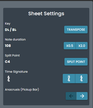 The Sheet Settings of the Edit Mode of Klangio