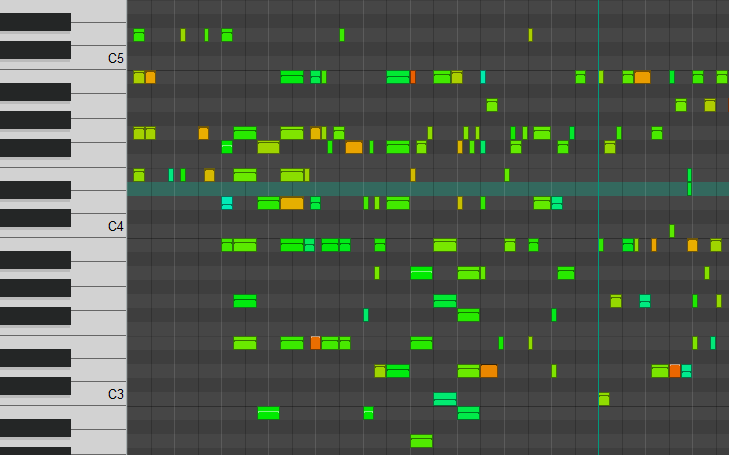 A midi file opened in the pianoroll editor of REAPER