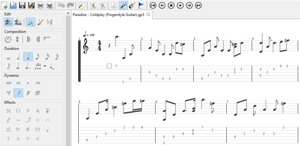 A Guitar2Tabs transcription exported as a GuitarPro File, opened in TuxGuitar