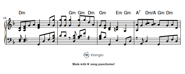 An example of the pdf sheet music export of a Klangio transcription
