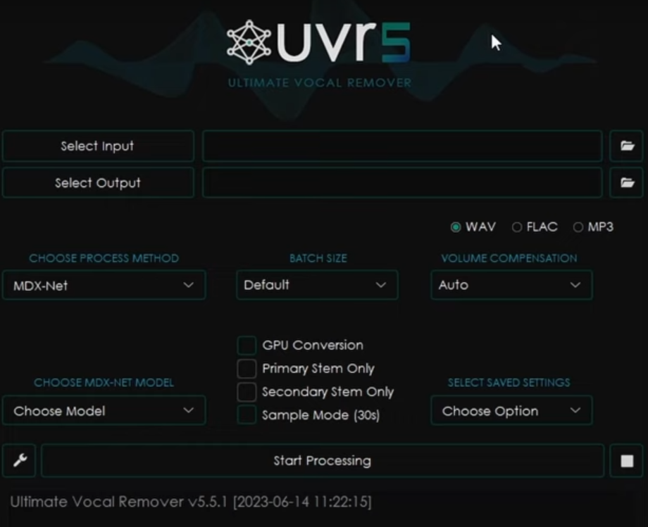 The UVR settings used for separating music into stems, allowing a transcription later.
