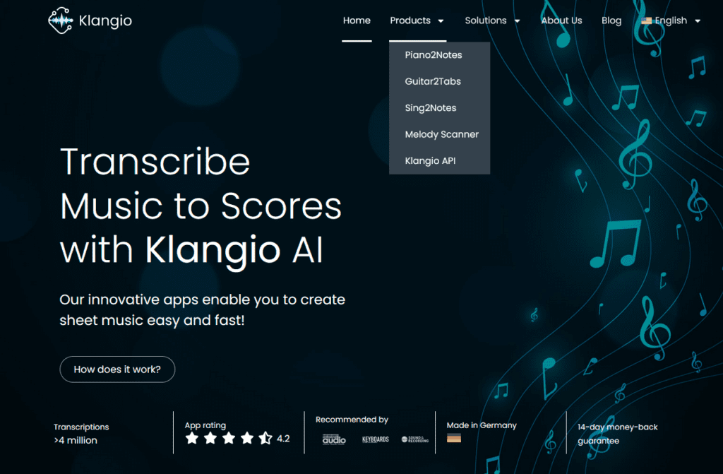 The Klangio Homepage, allowing you to select your instruments for transcribing