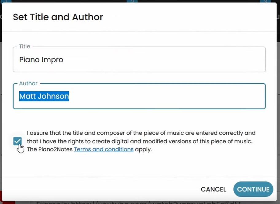 Setting the title and composer of your Klangio transcription