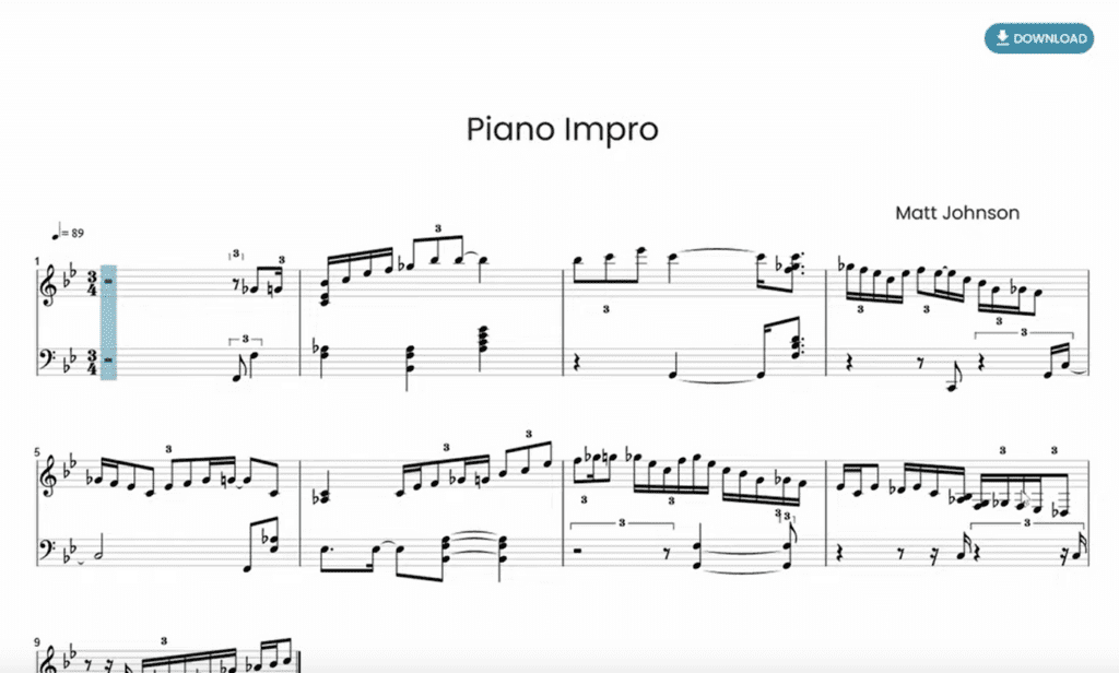 A transcription example of a Piano Improvisation by Matt Johnson