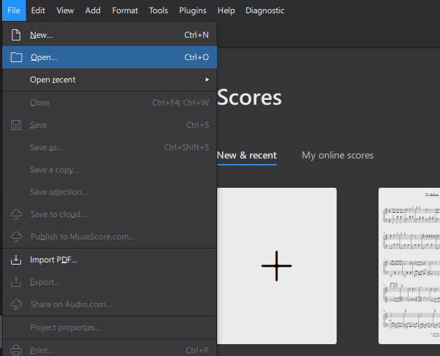 Opening the exported MusicXML file from Klangio in Musescore.