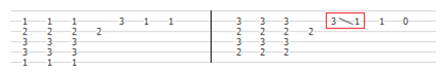 Notation of a slide in guitar tablature