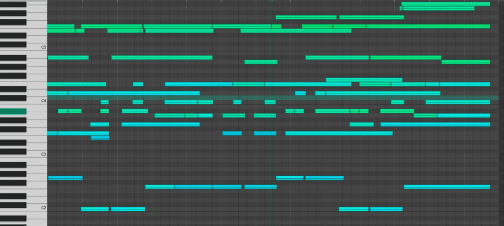 The unquantized MIDI transcription from Piano2Notes opened in REAPER (DAW)