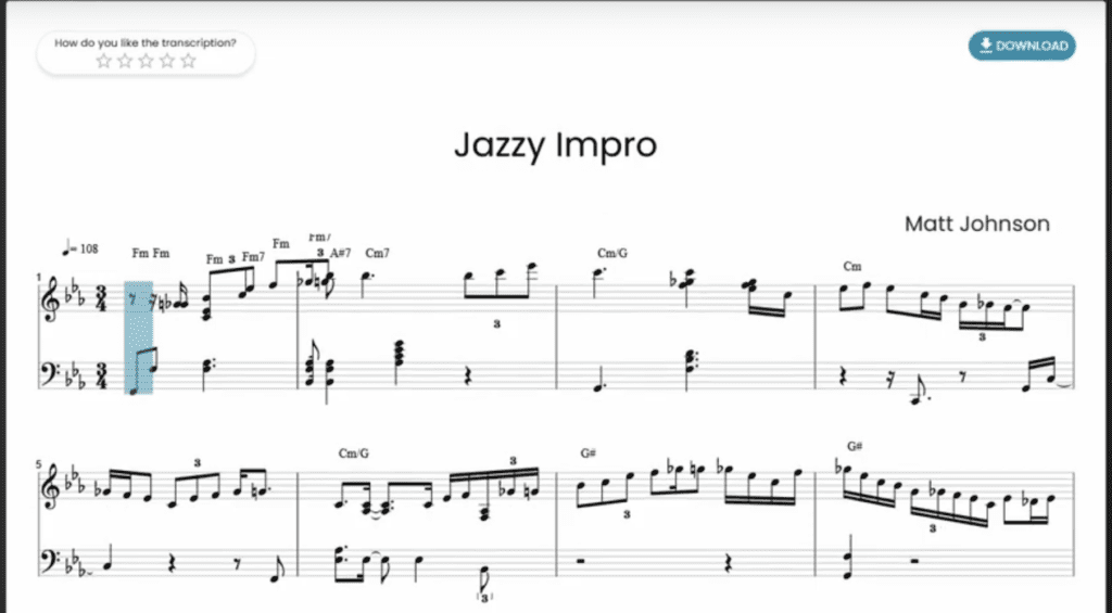 An example of a transcription by Piano2Notes