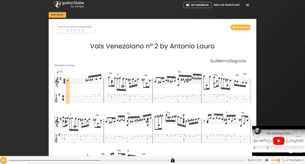 The transcription viewer of Guitar2Tabs