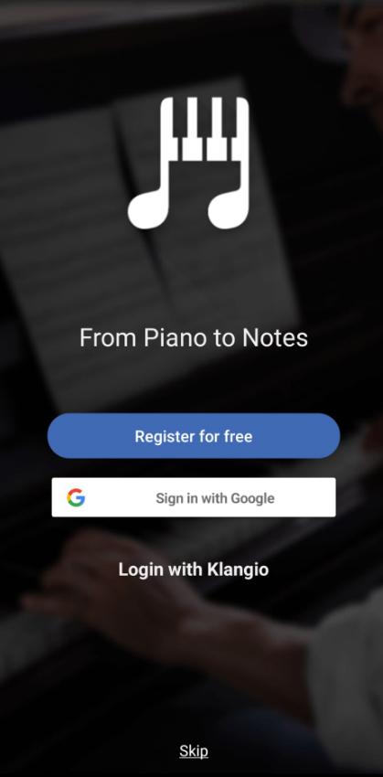The Login Screen of Piano2Notes.