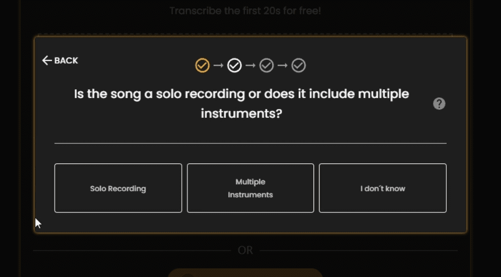 Escolha se você deseja transcrever uma gravação solo ou uma música com vários instrumentos.