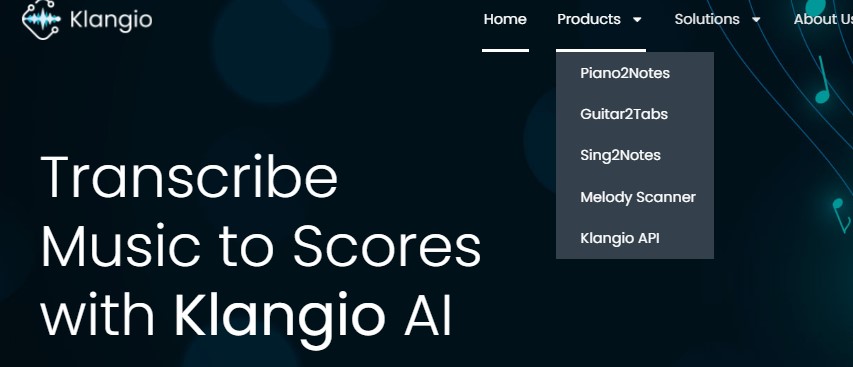 The Klangio Homepage, displaying the available products.