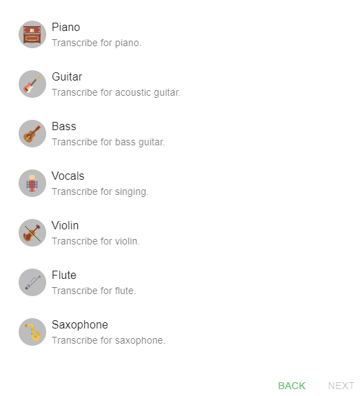 Select either Piano, Guitar, Bass, Vocals, Violin, Flute or Saxophone.