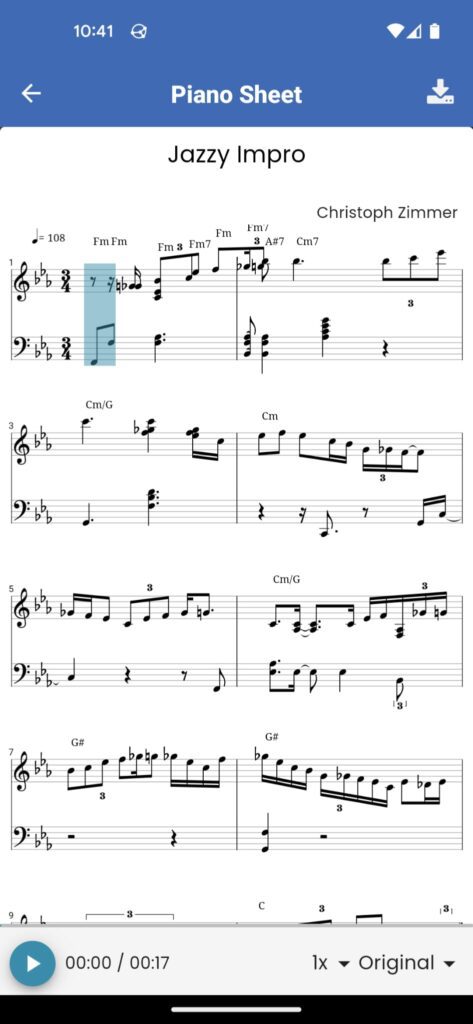 The transcription of your recording displayed as sheet music.