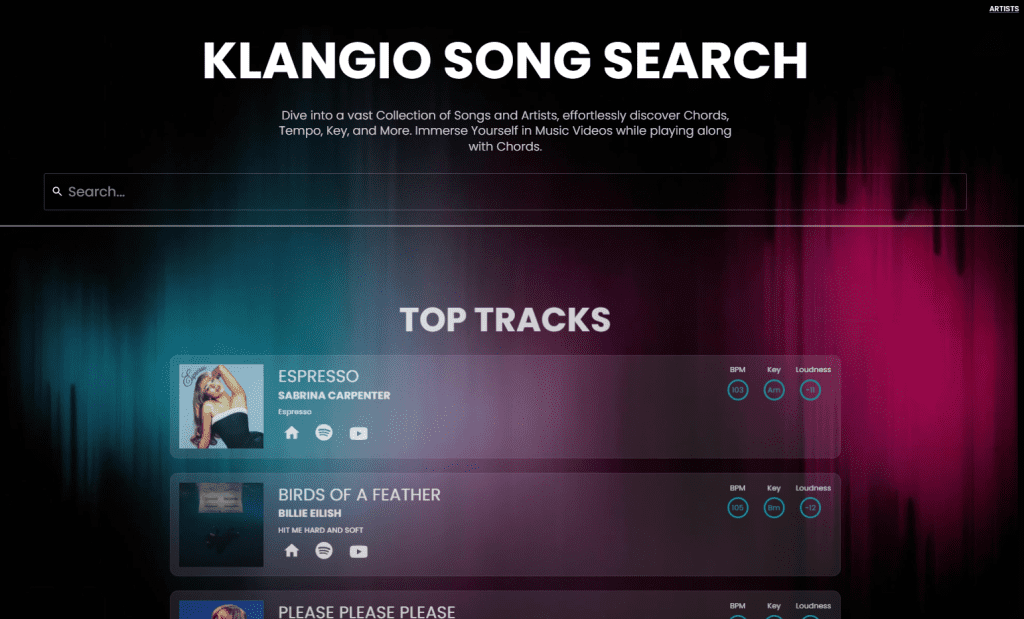 The Klangio Song Search homepage.