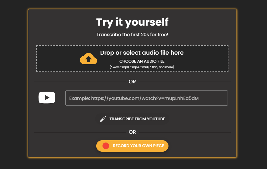 Carica un file audio, usa un link di YouTube o registra la tua chitarra direttamente.