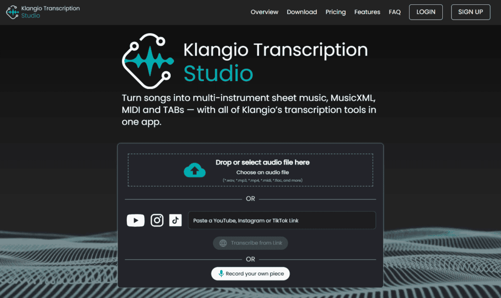 Uploading a song into Klangio's AI music transcription app