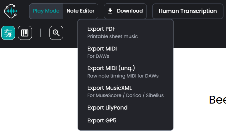 Export formats available in Klangio Transcription Studio