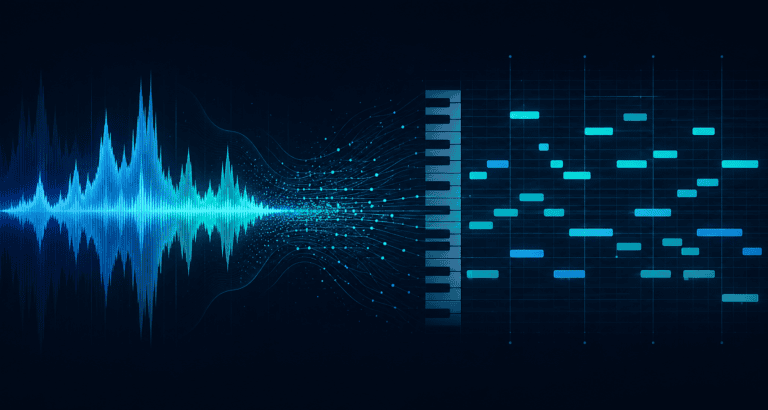Illustration of a sound wave transforming into MIDI notes, symbolizing a music converter to MIDI